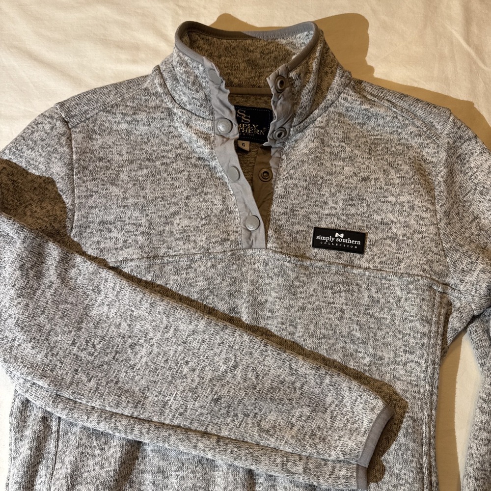Simply Southern Pullover Women Small Heather Gray White Sweater Quarter Snap